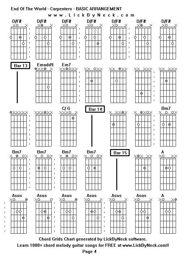 Chord Grids Chart of chord melody fingerstyle guitar song-End Of The World - Carpenters - BASIC ARRANGEMENT,generated by LickByNeck software.